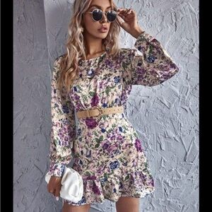 Zara Cream and Purple Floral Long Sleeve Dress